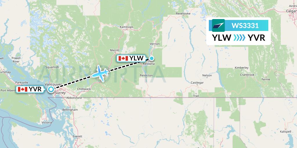 WS3331 WestJet Flight Map: Kelowna to Vancouver