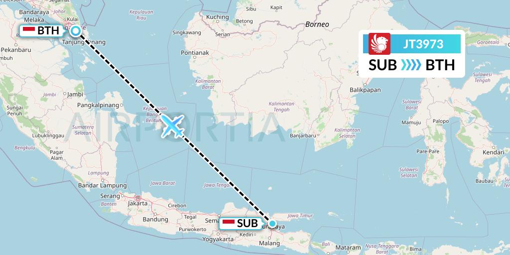 JT3973 Lion Airlines Flight Map: Surabaya to Batam
