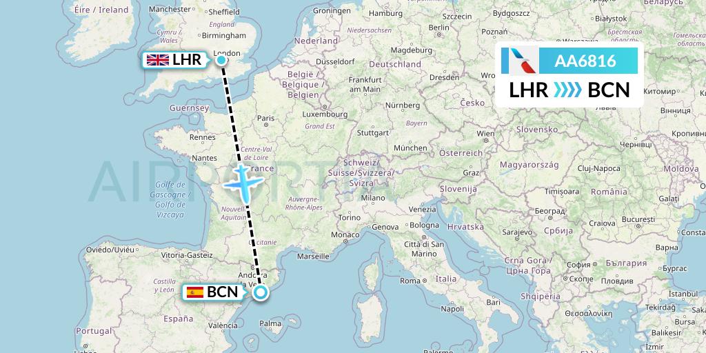 AA6816 American Airlines Flight Map: London to Barcelona