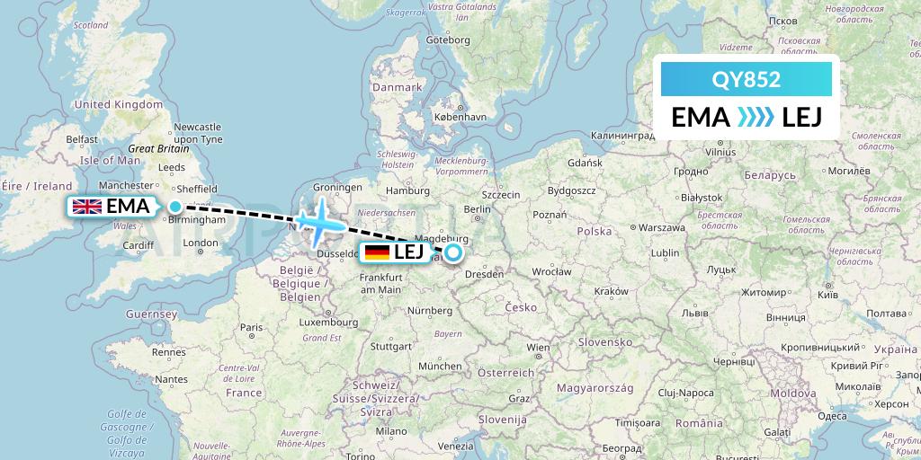 QY852 European Air Transport Flight Map: East Midlands to Leipzig
