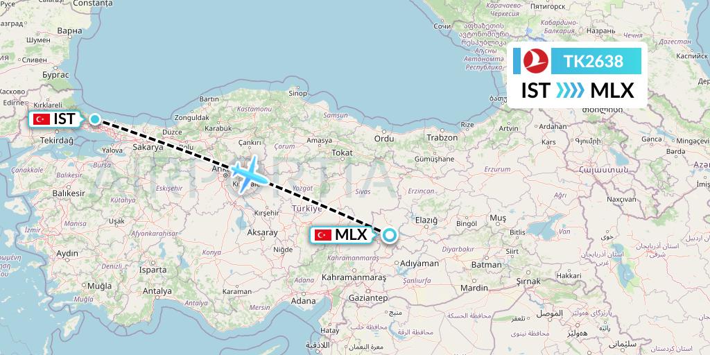 TK2638 Turkish Airlines Flight Map: Istanbul to Malatya