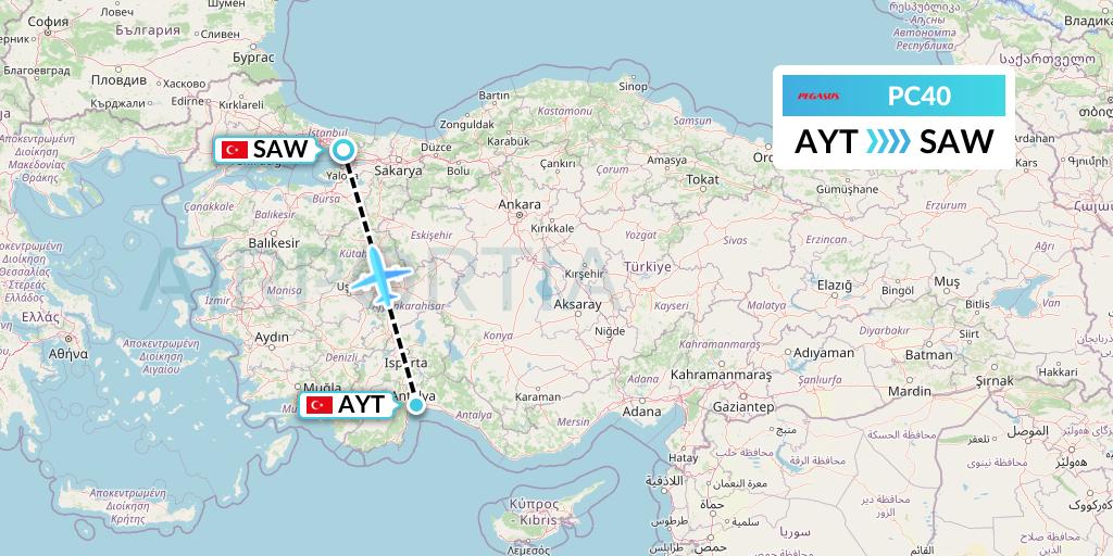 PC40 Pegasus Airlines Flight Map: Antalya to Istanbul