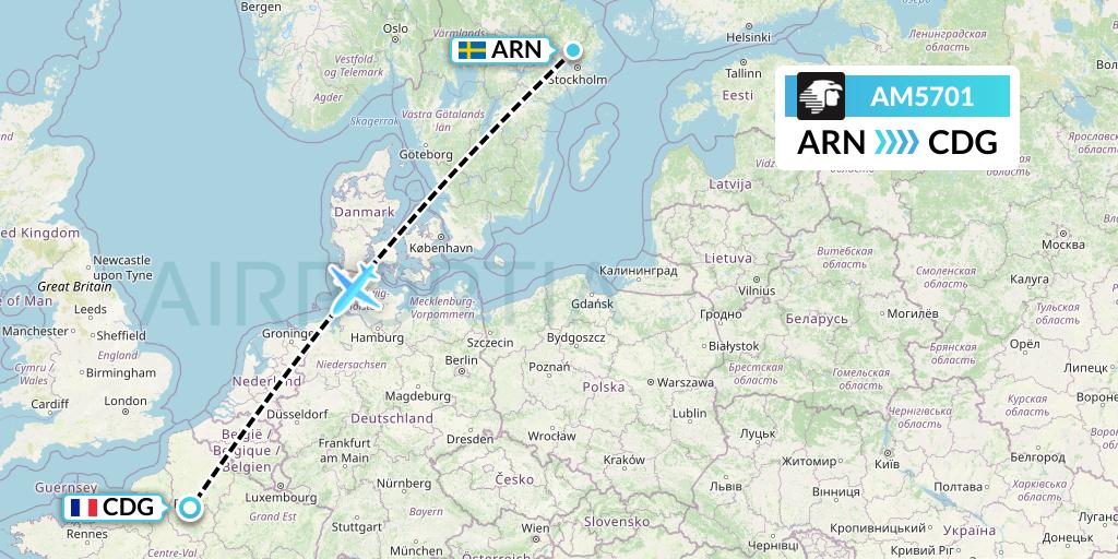 AM5701 Aeromexico Flight Map: Stockholm to Paris