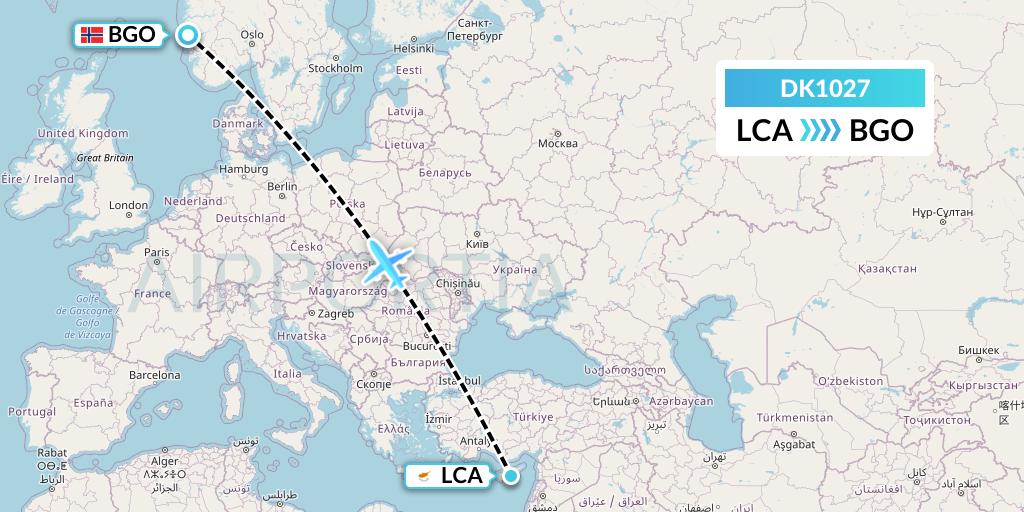 DK1027 Thomas Cook Airlines Scandinavia Flight Map: Larnaca to Bergen