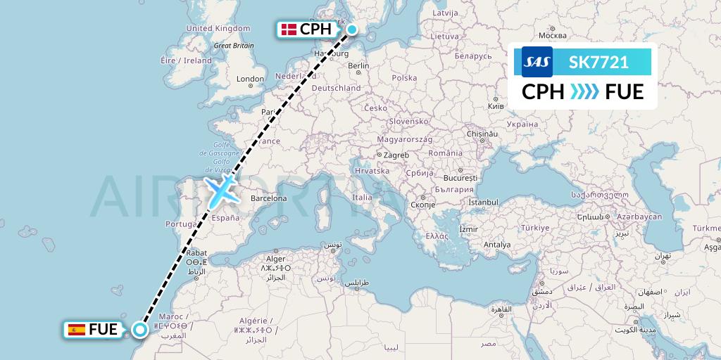 SK7721 SAS Flight Map: Copenhagen to Fuerteventura