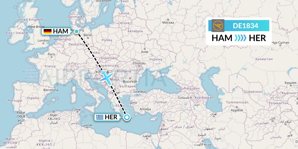 DE1834 Condor Flight Map: Hamburg to Heraklion