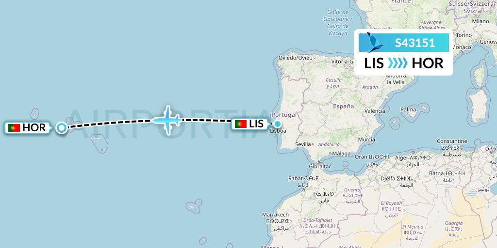 S43151 Azores Airlines Flight Map: Lisbon to Horta