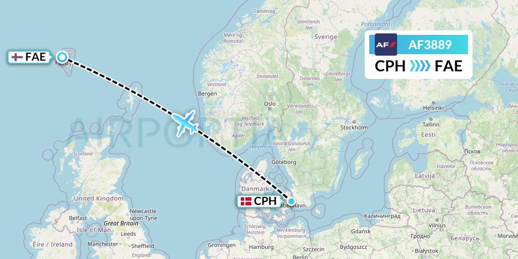 AF3889 Air France Flight Map: Copenhagen to Vagar