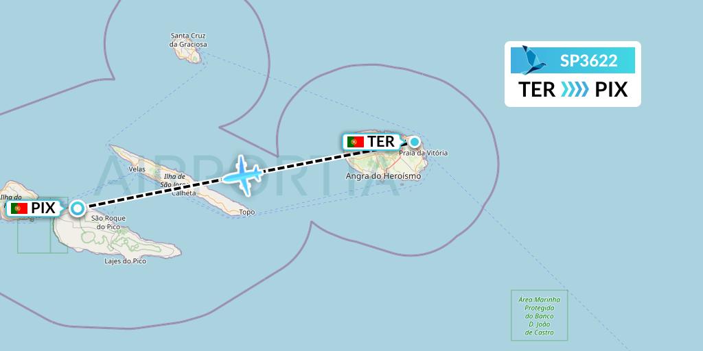 SP3622 SATA Air Acores Flight Map: Lajes to Pico