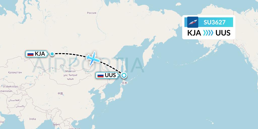 SU3627 Aeroflot Flight Map: Krasnoyarsk to Yuzhno-Sakhalinsk