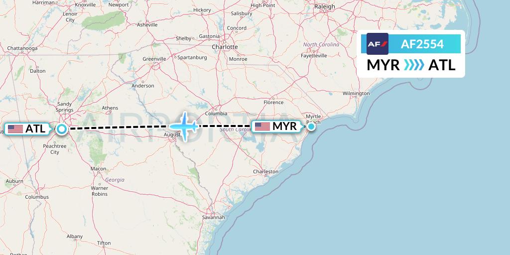 AF2554 Air France Flight Map: Myrtle Beach to Atlanta