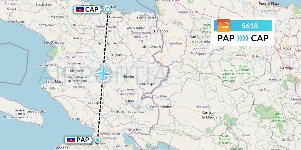 S618 Sunrise Airways Flight Map: Port-au-Prince to Cap-Haitien