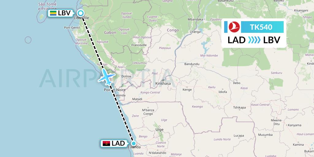 TK540 Turkish Airlines Flight Map: Luanda to Libreville