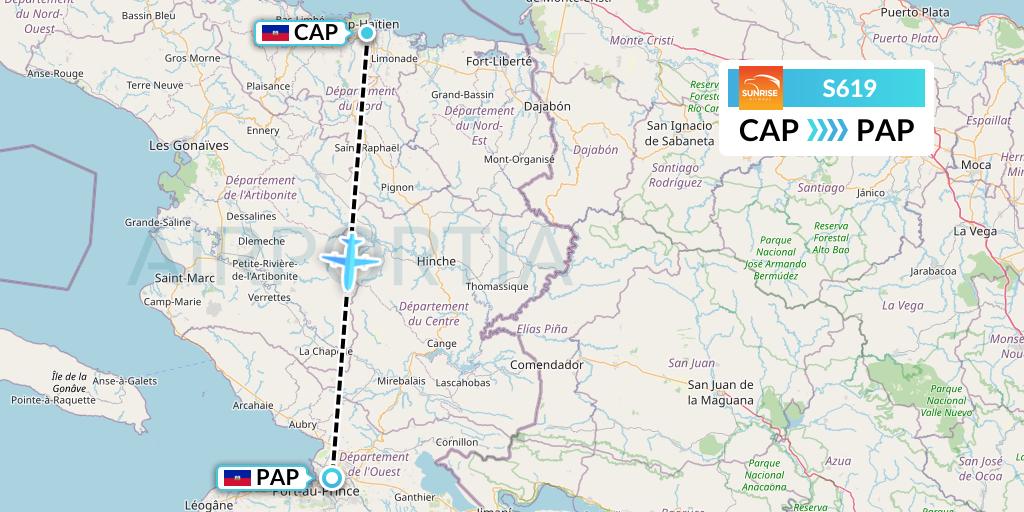 S619 Sunrise Airways Flight Map: Cap-Haitien to Port-au-Prince