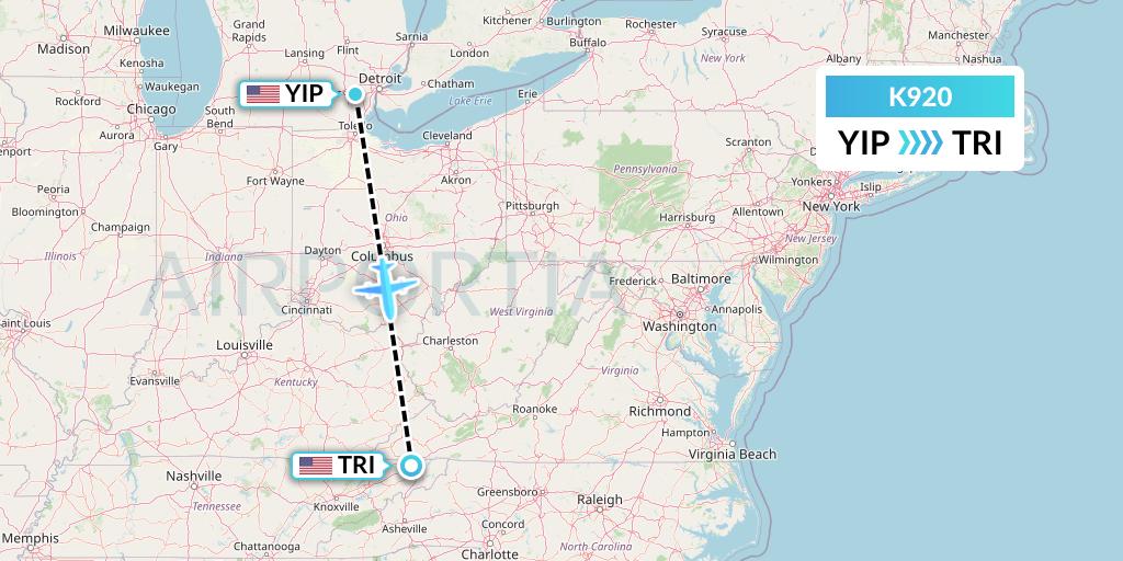 K920 Kalitta Charters Flight Map: Detroit to Blountville
