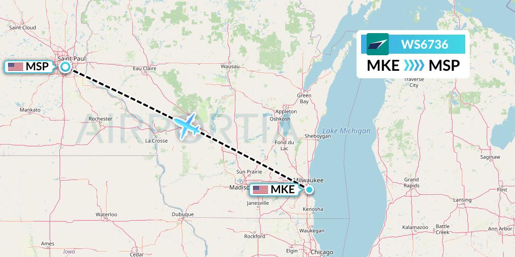 WS6736 WestJet Flight Map: Milwaukee to Minneapolis