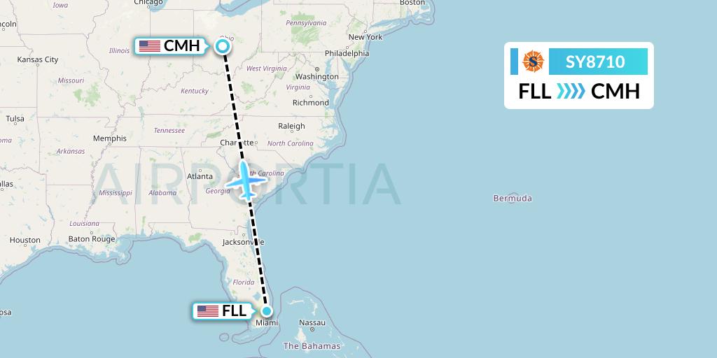SY8710 Sun Country Airlines Flight Map: Fort Lauderdale to Columbus