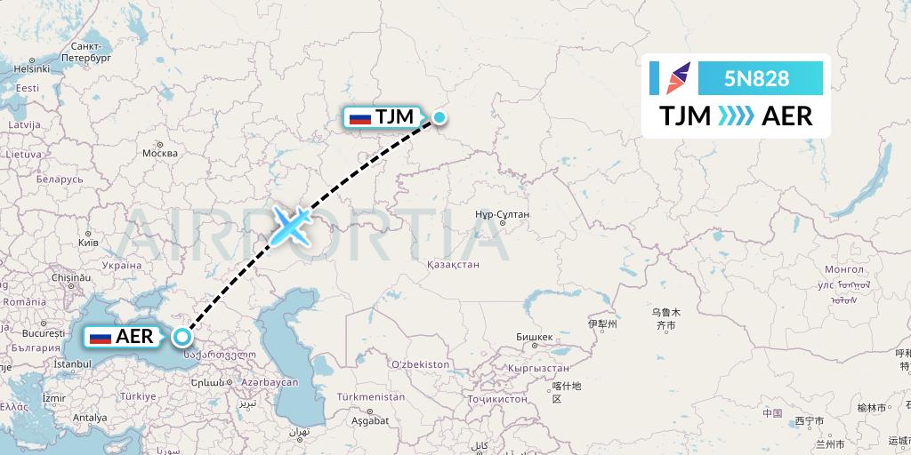5N828 Nordavia Flight Map: Tyumen to Sochi