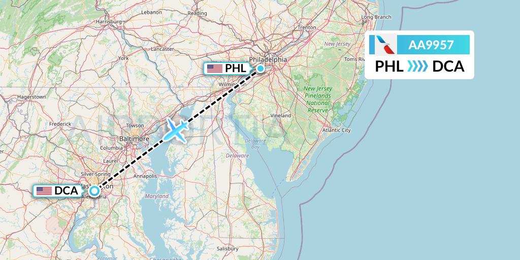 AA9957 American Airlines Flight Map: Philadelphia to Washington