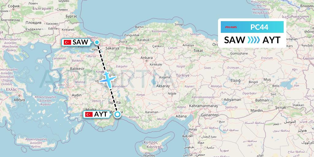 PC44 Pegasus Airlines Flight Map: Istanbul to Antalya