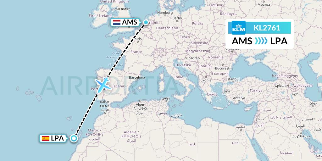 KL2761 KLM Flight Map: Amsterdam to Las Palmas