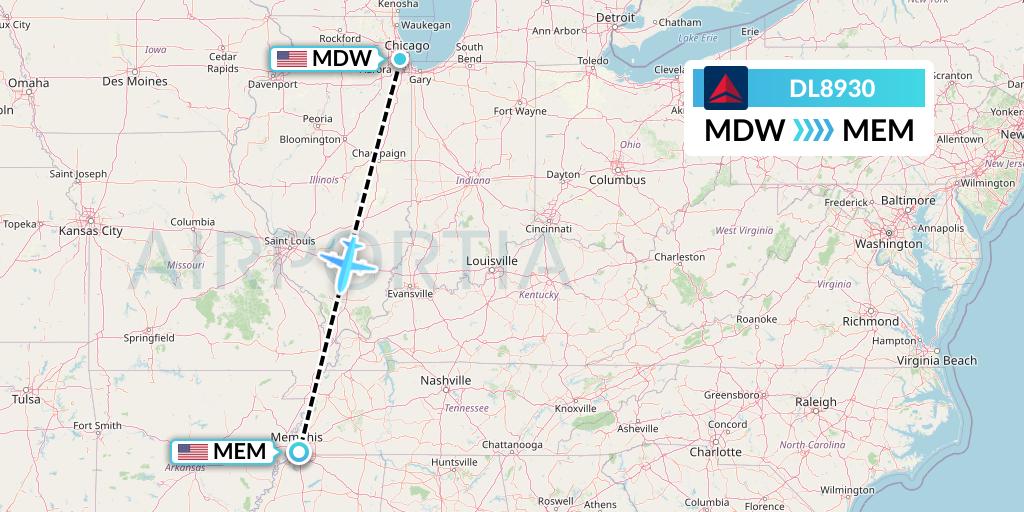 DL8930 Delta Air Lines Flight Map: Chicago to Memphis