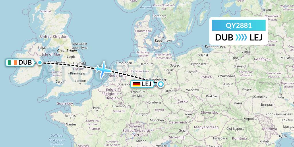 QY2881 European Air Transport Flight Map: Dublin to Leipzig
