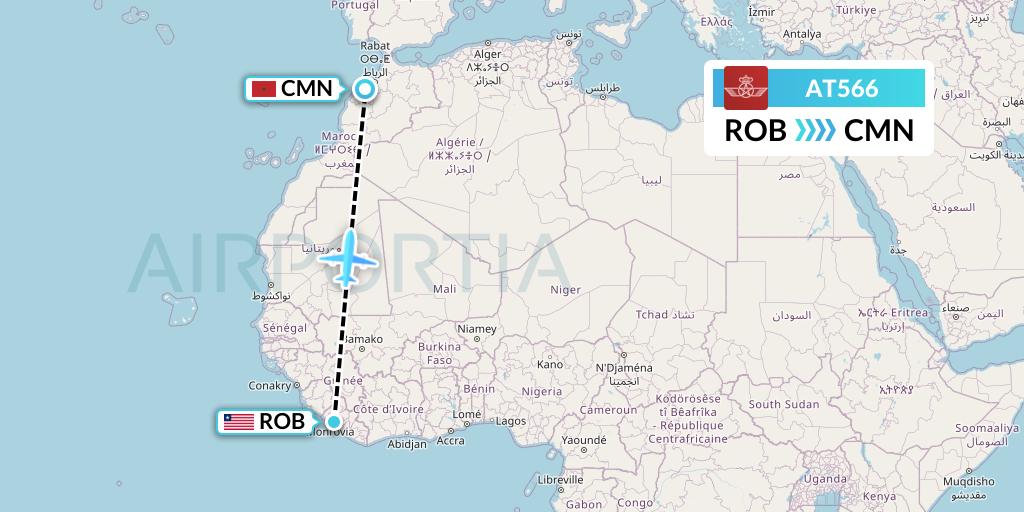 AT566 Royal Air Maroc Flight Map: Monrovia to Casablanca