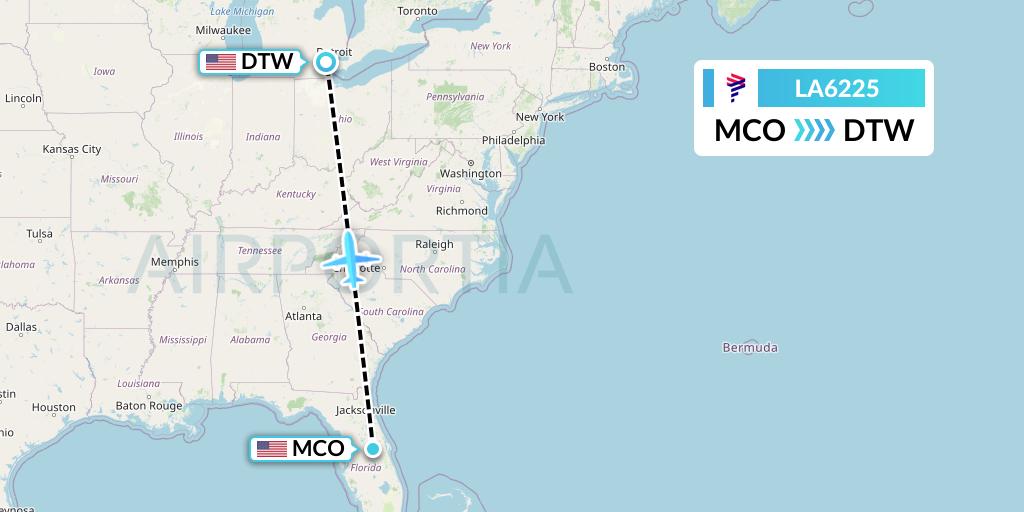 LA6225 LAN Airlines Flight Map: Orlando to Detroit