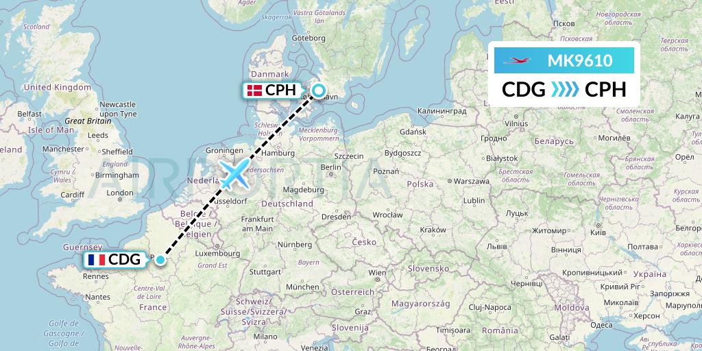 MK9610 Air Mauritius Flight Map: Paris to Copenhagen