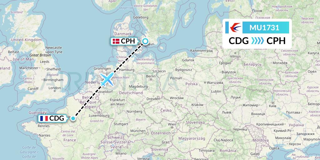 MU1731 China Eastern Airlines Flight Map: Paris to Copenhagen