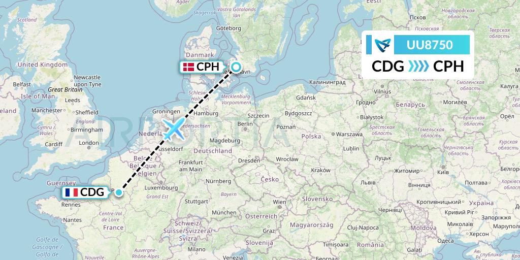 UU8750 Air Austral Flight Map: Paris to Copenhagen