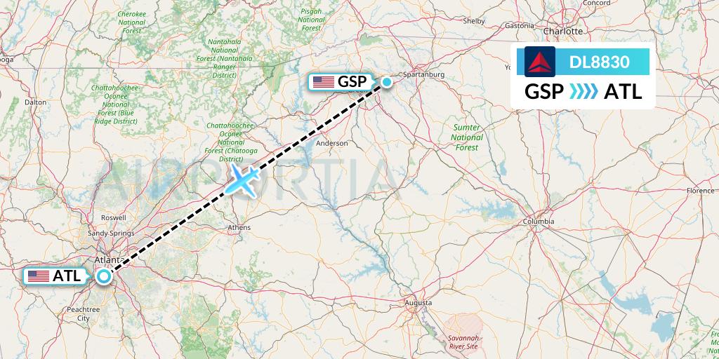 DL8830 Delta Air Lines Flight Map: Greenville-Spartanburg to Atlanta