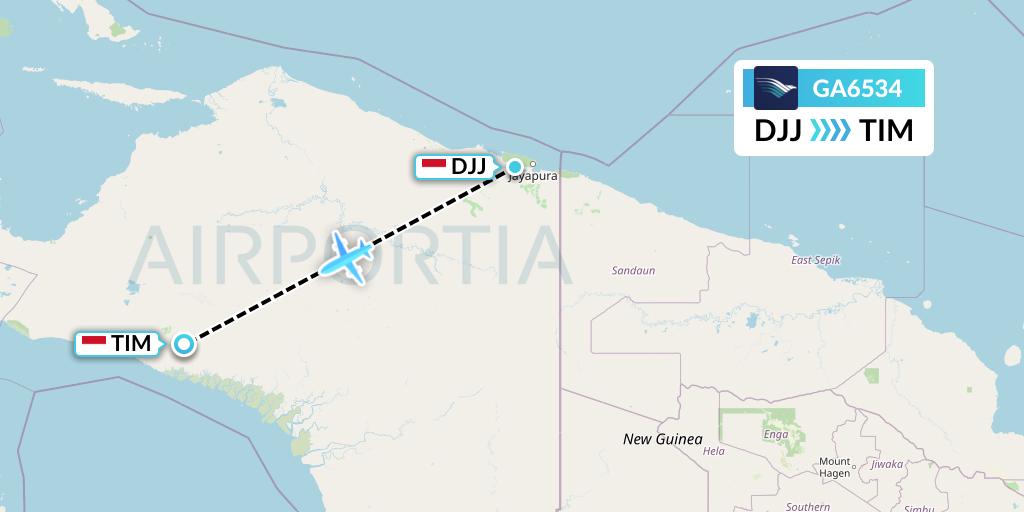 GA6534 Garuda Indonesia Flight Map: Jayapura to Timika