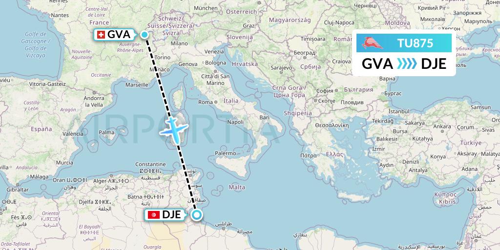 TU875 Tunisair Flight Map: Geneva to Djerba