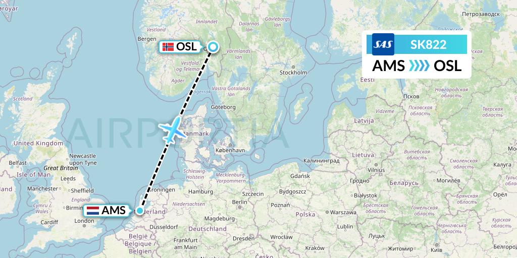 SK822 SAS Flight Map: Amsterdam to Oslo