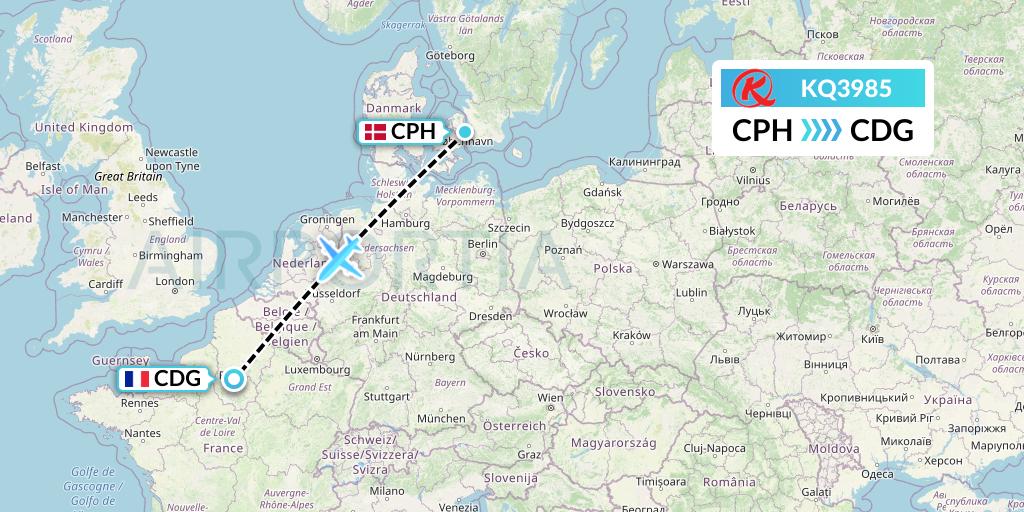 KQ3985 Kenya Airways Flight Map: Copenhagen to Paris