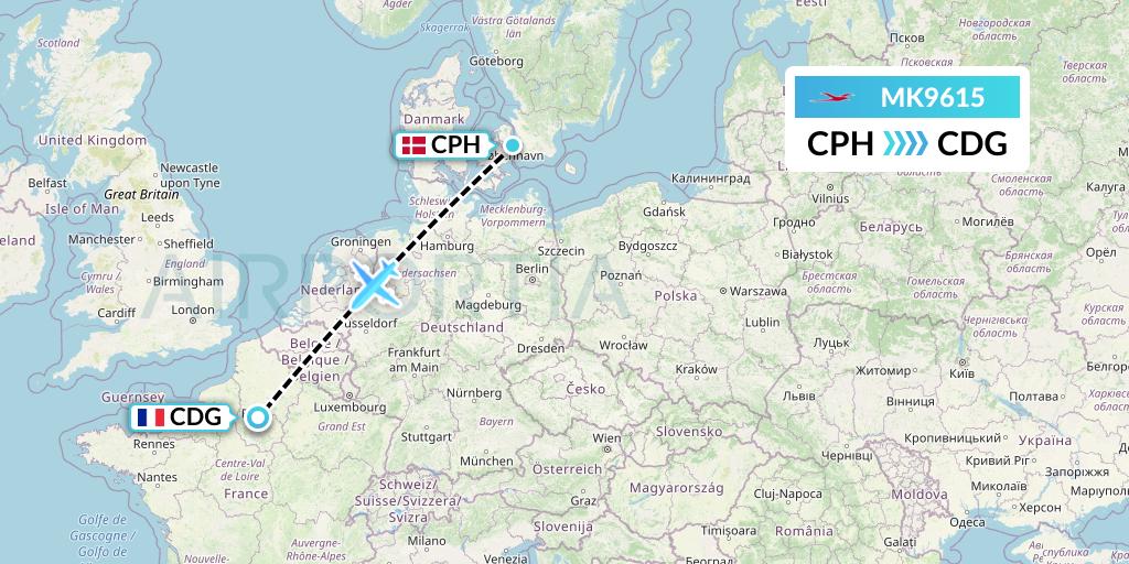MK9615 Air Mauritius Flight Map: Copenhagen to Paris