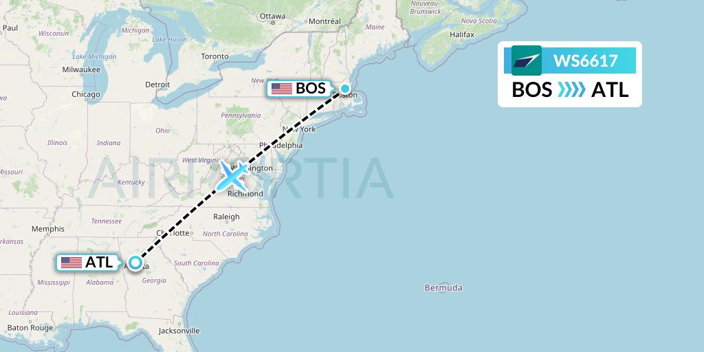 WS6617 WestJet Flight Map: Boston to Atlanta