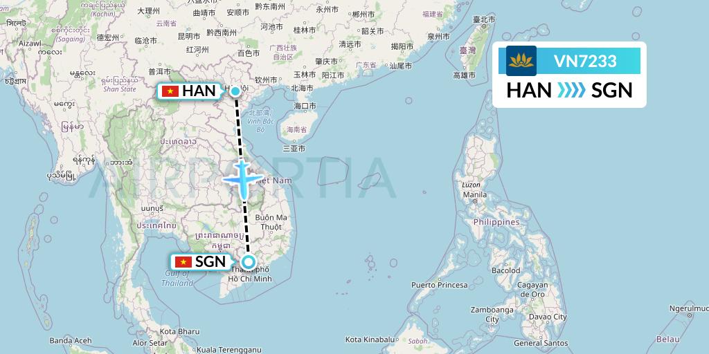 VN7233 Vietnam Airlines Flight Map: Hanoi to Ho Chi Minh City