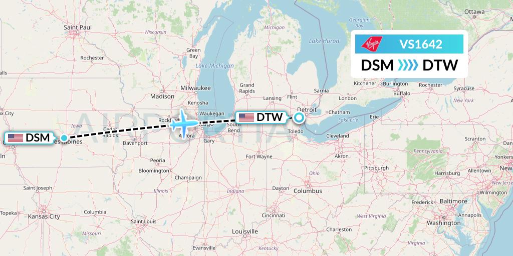 VS1642 Virgin Atlantic Airways Flight Map: Des Moines to Detroit