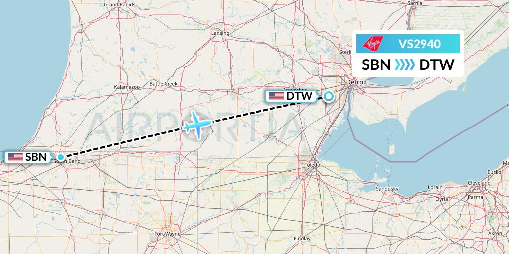 VS2940 Virgin Atlantic Airways Flight Map: South Bend to Detroit