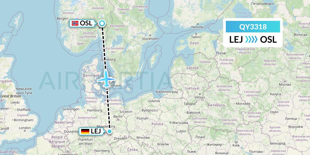 QY3318 European Air Transport Flight Map: Leipzig to Oslo
