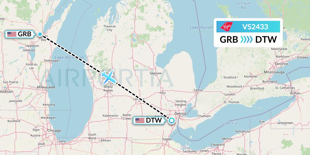 VS2433 Virgin Atlantic Airways Flight Map: Green Bay to Detroit