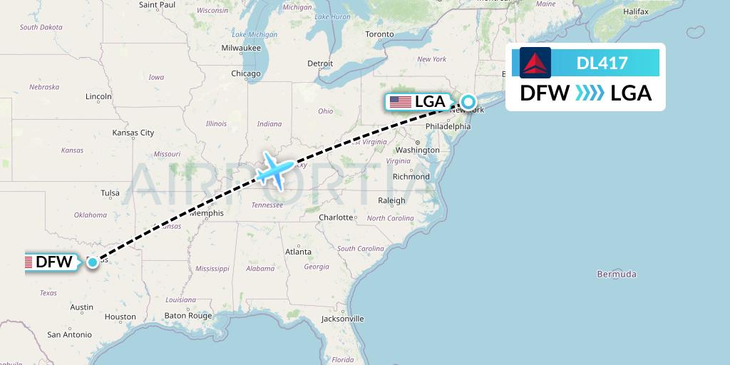 DL417 Delta Air Lines Flight Map: Dallas to New York