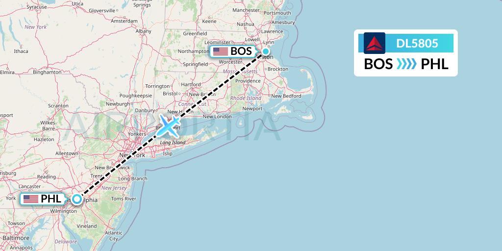 DL5805 Delta Air Lines Flight Map: Boston to Philadelphia