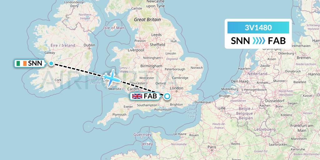 3V1480 ASL Airlines Belgium Flight Map: Shannon to Farnborough
