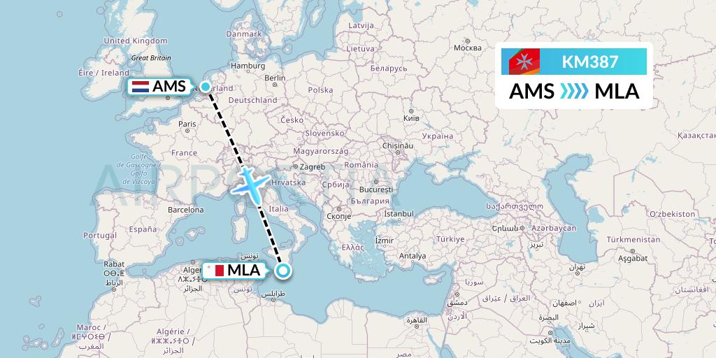 KM387 Air Malta Flight Map: Amsterdam to Malta