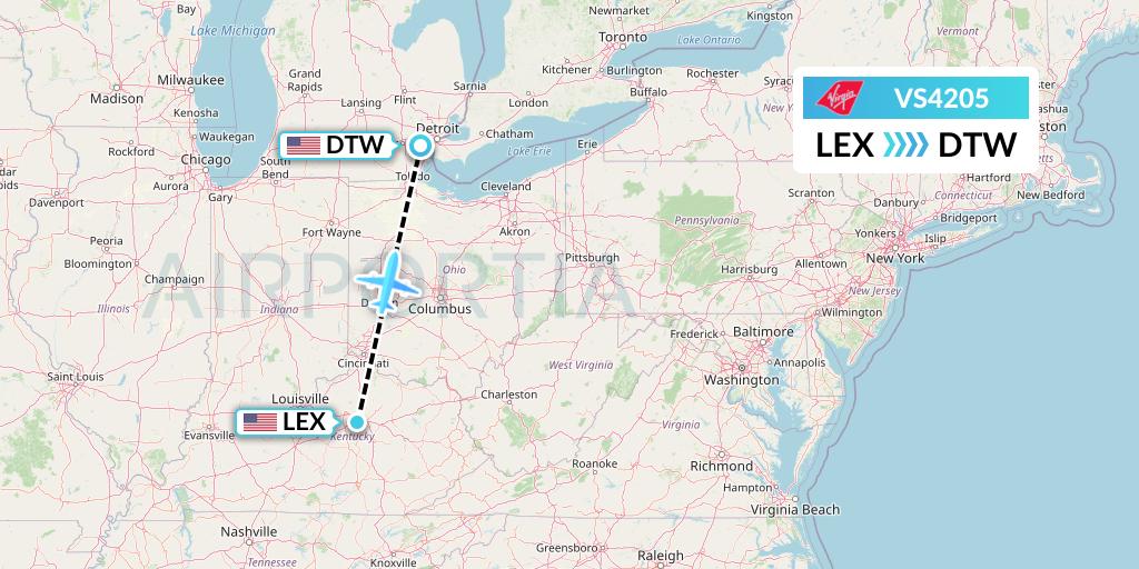 VS4205 Virgin Atlantic Airways Flight Map: Lexington to Detroit