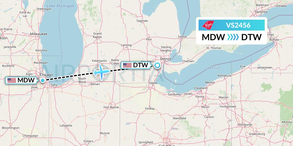 VS2456 Virgin Atlantic Airways Flight Map: Chicago to Detroit